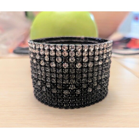 Black Gray & Clear Ombre Crystals Stretch Cuff Bracelet - Picture 1 of 4
